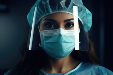 Fototapeta na wymiar Latina Woman Nurse Doctor Surgeon in Hospital with Face Mask and Shield for COVID-19 Protection, Generative AI