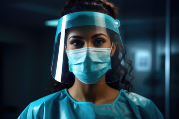 Fototapeta na wymiar Latina Woman Nurse Doctor Surgeon in Hospital with Face Mask and Shield for COVID-19 Protection, Generative AI