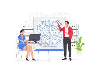 Flat vector illustration of business team developing artificial intelligence and machine learning. Design teams utilize AI to train ML systems