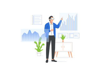 Modern man using VR headset to work with business data in virtual reality. Colorful flat cartoon vector illustration of people and VR on white background