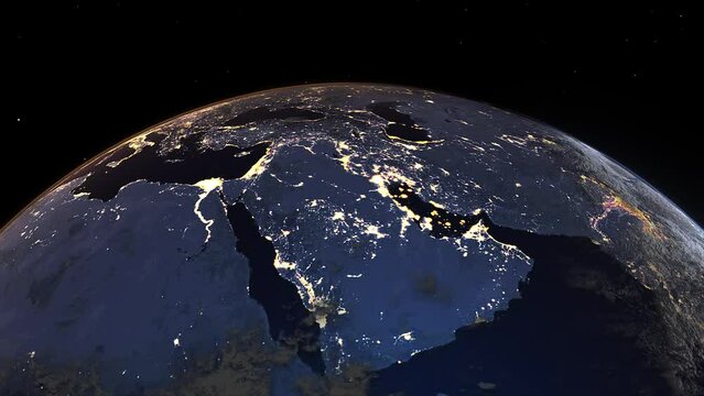 Realistic Earth Night From Space Flying Over Middle East and Arabian Peninsula