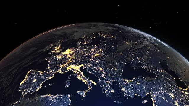 Realistic Earth Night From Space Flying Over Continental Europe