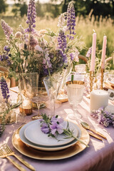 Wedding tablescape, elegant formal dinner table setting, table scape with lavender decoration for...