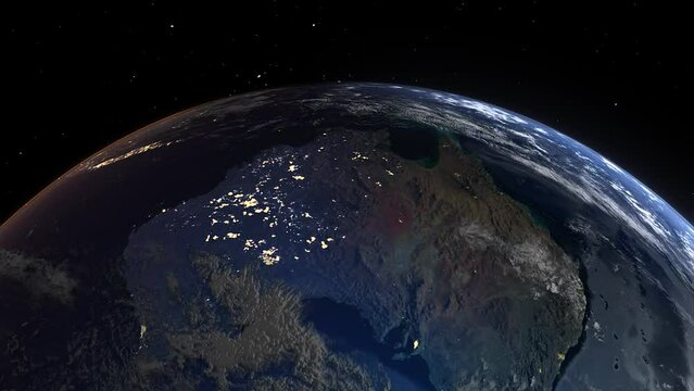 Realistic Earth Sunrise From Space Flying Over Oceania