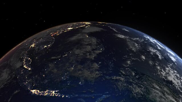 Realistic Earth Sunrise From Space Flying Over South East Asia