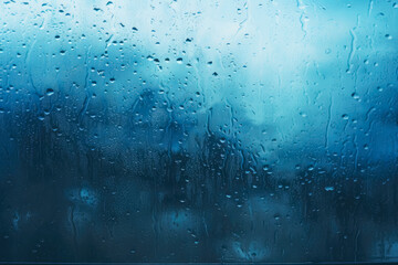 Close up image of an icy blue wet glass window, water drops, the rain on the window glass. - obrazy, fototapety, plakaty