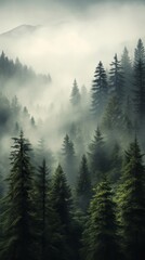 A dense forest shrouded in mist