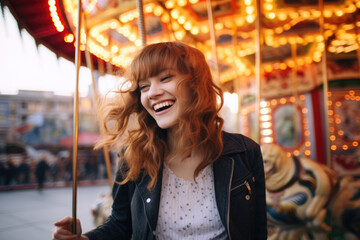  Smiling young woman having fun in amusement park Prater in Vienna