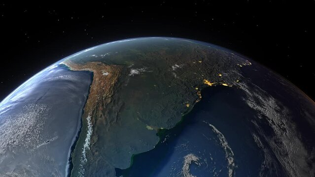 Realistic Earth Sunset From Space Flying Over Continental South America