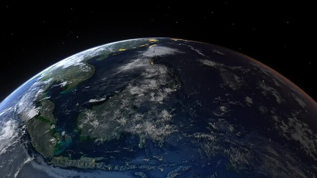 Realistic Earth Sunset From Space Flying Over South East Asia