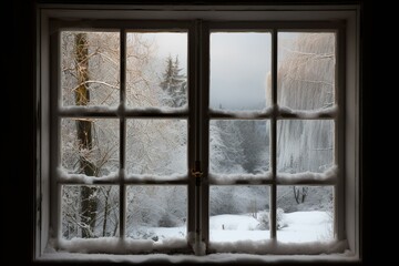 Endless winter countryside view through a window: snowy, magical, festive. Generative AI