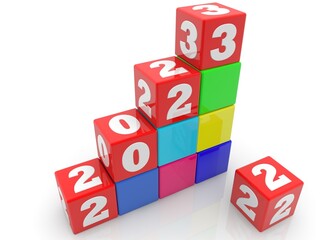Concept of the year 2023 in the form of steps on red toy blocks