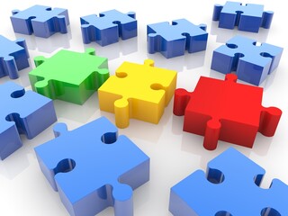 Three puzzle pieces of different colors are not connected to each other between blue puzzle pieces
