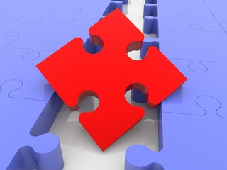 A close-up of a red puzzle piece between blue puzzle pieces as a connecting piece