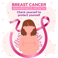 Banner del Día Internacional de lucha contra el Cáncer de mama, con listón rosa y ilustración de mujer con pechos con decoraciones florales - obrazy, fototapety, plakaty