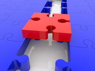 Red puzzle piece in the middle between blue puzzle pieces as a connecting piece