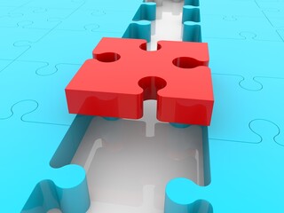 A red puzzle piece as a connecting element between blue puzzle pieces