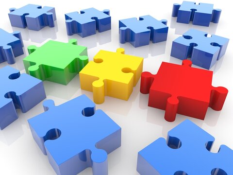 Three puzzle pieces of different colors are not connected to each other between blue puzzle pieces