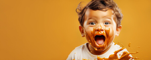 Joyful expression on face of child smeared with food against background of color of apricot crush. Close-up. Banner.