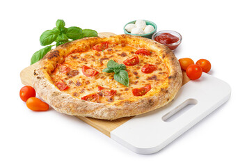Board with tasty pizza Margarita and basil on white background