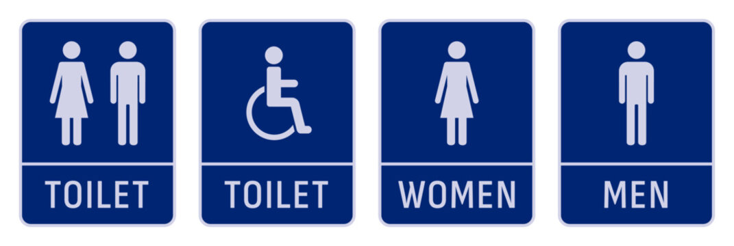 WC signs. Icons collection of man, woman, disabled person for toilets. White gender symbols on blue signs. Set of vector icons for toilets and changing rooms.