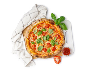 Board with tasty pizza Margarita and basil on white background