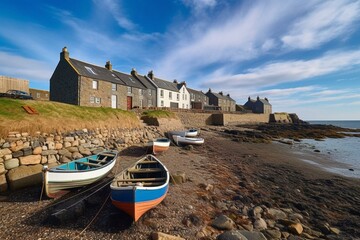 Fishing village craster in Northumberland, UK. Rocky bay with boats and cottages. Generative AI