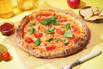 Baking paper with tasty pizza Margarita and plate of potato chips on yellow background