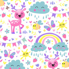 Animals cute kids pattern with cloud, rainbow, berries and flowers, seamless baby background. Vector texture for kids fabric.