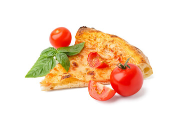 Piece of tasty pizza Margarita with tomatoes and basil on white background