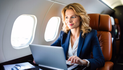 A high-achieving female executive taps into her laptop while aboard a luxurious private jet, symbolizing the pinnacle of corporate success and elite lifestyle.