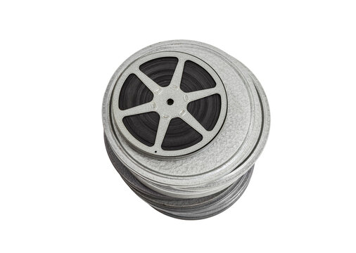 Stack of vintage film cans with reel on top,. Isolated with cut out background.