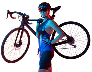Young female cyclist in uniform holding bicycle on shoulders, standing isolated on transparent...