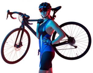 Young female cyclist in uniform holding bicycle on shoulders, standing isolated on transparent background. Neon lights effect. Concept of healthy lifestyle, sport, action, motion, hobby, health