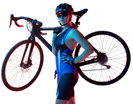 Young female cyclist in uniform holding bicycle on shoulders, standing isolated on transparent background. Neon lights effect. Concept of healthy lifestyle, sport, action, motion, hobby, health