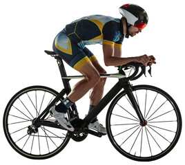 Triathlon male athlete cycle training isolated on transparent background. Practicing in cycling...