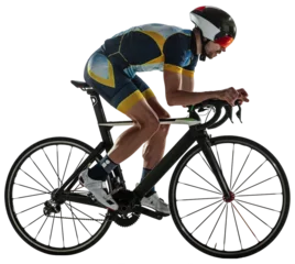 Plexiglas foto achterwand Triathlon male athlete cycle training isolated on transparent background. Practicing in cycling wearing sports equipment. Concept of healthy lifestyle, sport, action, motion, hobby, health © master1305