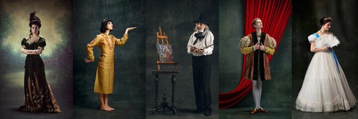 People, men and women in image of medieval royal person in vintage costumes on dark green background Concept of comparison of eras, artwork, renaissance, baroque style. Creative collage.