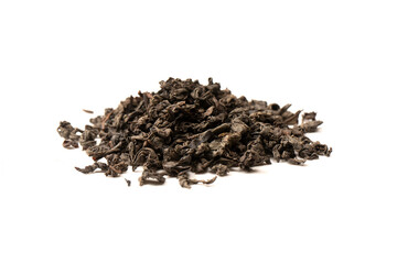 Dried tea leaves isolated on a white background.