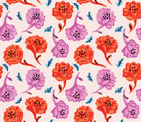 A seamless tossed pattern of painterly bold flowers in pink and orange, great for printed shirts, wallpapers, home decor, wrapping paper, packaging, beach wear, lingerie, and more