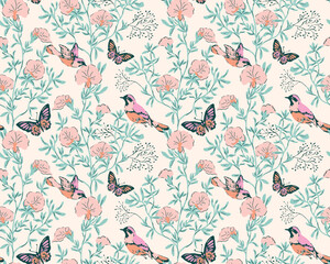 Seamless pattern with butterfly pea flowers, birds and butterflies in a vintage spring colour scheme. Great for clothing, home decor, bedding, curtains, wallpaper, gift wrapping, packaging, scarves