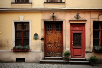 Old town, old market square, Warsaw door and window. Generative AI - obrazy, fototapety, plakaty