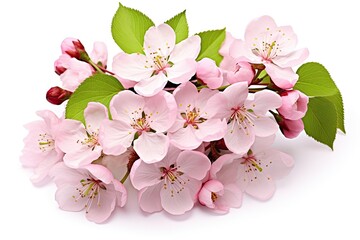 Bouquet of cherry blossoms isolated on a white background. cherry blossom with green leaves isolated on white background, AI Generated