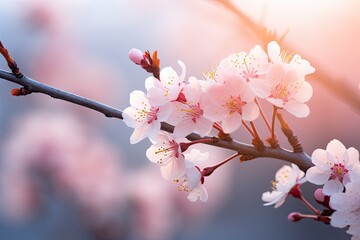 cherry blossom in spring time with soft focus and lens flare, cherry blossom sakura in springtime, shallow dof, AI Generated - Powered by Adobe