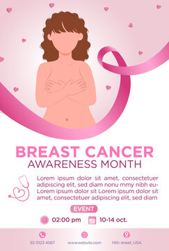 Cartel del D&iacute;a Internacional de lucha contra el C&aacute;ncer de mama, con list&oacute;n rosa e ilustraci&oacute;n de mujer con pechos