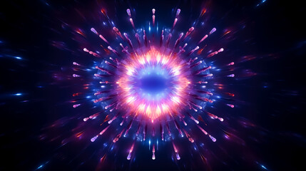 Obraz premium Circular glowing particles object in the dark with purple colored light, in the style of futuristic fragmentation, vibrant skylines, colorful purple explosions. 