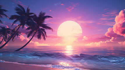 Fototapeta na wymiar A breathtaking sunset over the ocean with palm trees