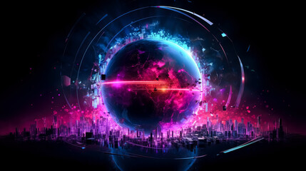 Obraz premium Circular glowing particles object in the dark with purple colored light, in the style of futuristic fragmentation, vibrant skylines, colorful purple explosions. 