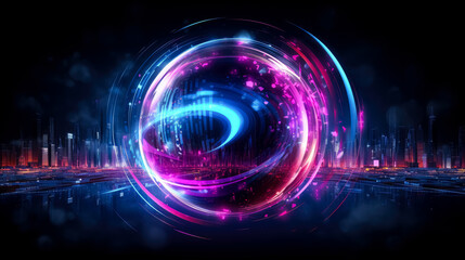Fototapeta premium Circular glowing particles object in the dark with purple colored light, in the style of futuristic fragmentation, vibrant skylines, colorful purple explosions. 