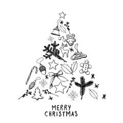 Merry Christmas greeting card motive - christmas tree decorations - black pencil hand drawn illustration (transparent PNG)